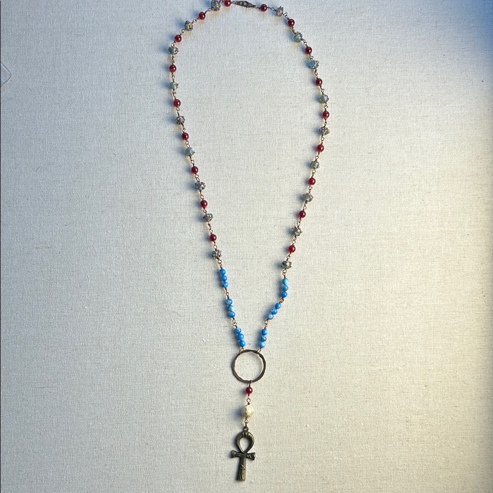 Red and Blue Beaded Necklace with Ankh Pendant